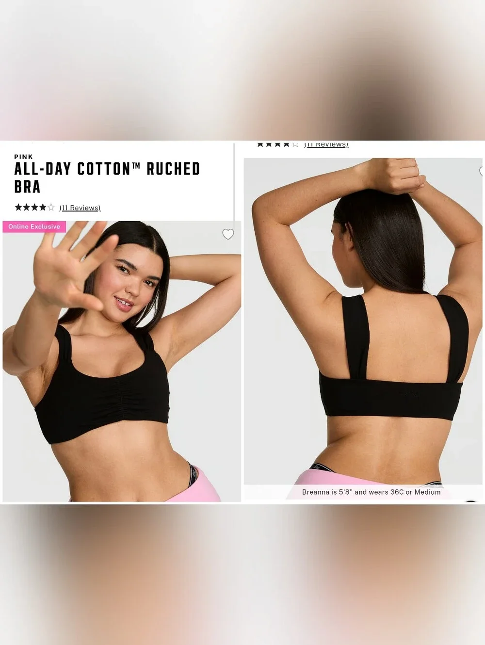 Victoria's Secret PINK All-Day Cotton BLACK Ruched Bra SMALL